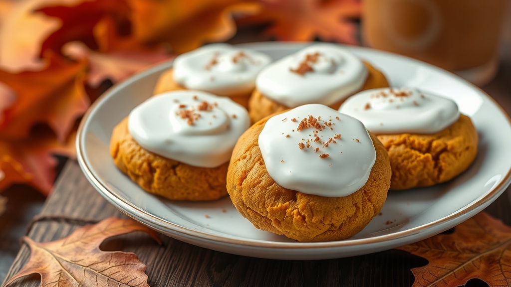 Soft Pumpkin Cookies with Yogurt Icing Recipe Soft pumpkin cookies with yogurt icing on a plate, surrounded by autumn leaves.
